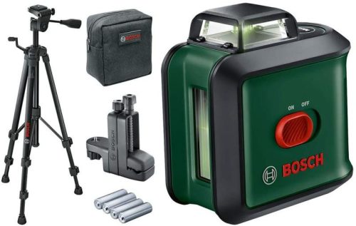 BOSCH 0603663E01 UniversalLevel 360 Keresztvonalas zöld szintezőlézer + TT 150 Állvány + MM 3 Univerzális tartóállvány + 4 db 1,5 V-os LR6 (AA)